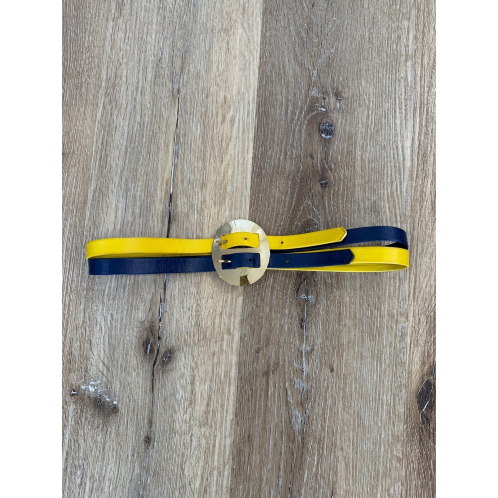 VTG 80s Mod Holland Leather Creations Dual Strap Belt Yellow Navy Blue Size XS/S